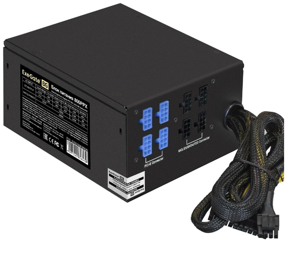   Exegate EX220363RUS-S 800PPX RTL, ATX, SC, black, APFC, 14cm, 24p+2*(4+4)p, PCI-E, 4*ID