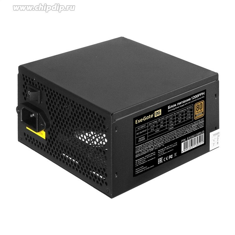   1200W ExeGate 80 PLUS Bronze 1200PPH (ATX, APFC, SC,  89% (80 PLUS Bronze), 12cm fa
