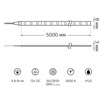  LED Elementary 2835 -SMD 4.8W 12V DC   IP20 (ZIP bag 5m)