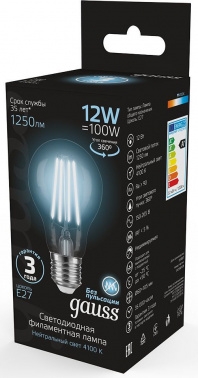  Gauss Filament 60 12W 1250lm 4100 27 LED 1/10/40
