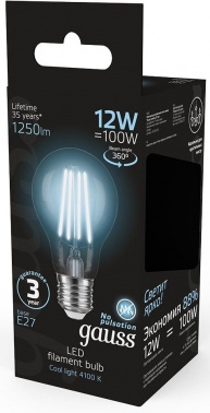  Gauss Filament 60 12W 1250lm 4100 27 LED 1/10/40