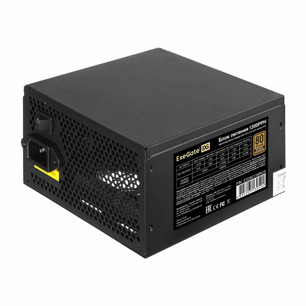   400W ExeGate 80 PLUS Bronze 400PPH-OEM (ATX, APFC,  88% (80 PLUS Bronze), 12cm fan,
