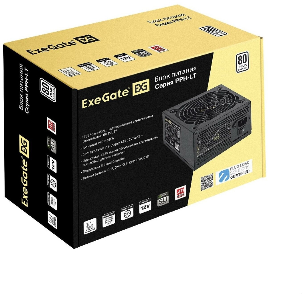   600W ExeGate 600PPH-LT, RTL, 80+, ATX, black, APFC, 12cm, 24p, (4+4)p, 5*SATA, 3*IDE
