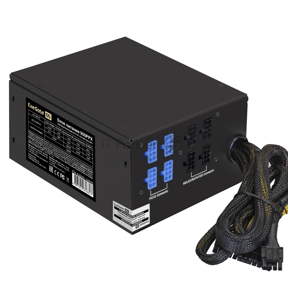   900W ExeGate 900PPX (ATX, APFC, SC,  82% (80 PLUS), 14cm fan, 24pin, 2x(4+4)pin, PCI