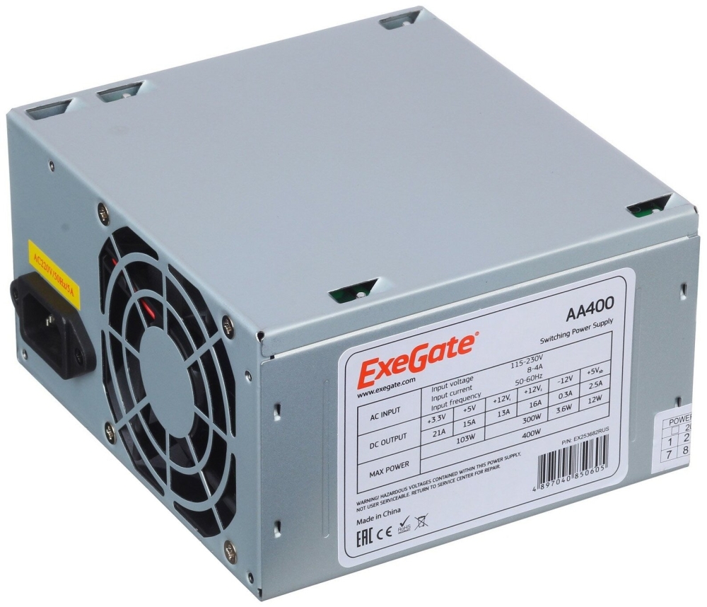   400W Exegate AA400, ATX, 8cm fan, 24+4pin, 2*SATA, 1*IDE