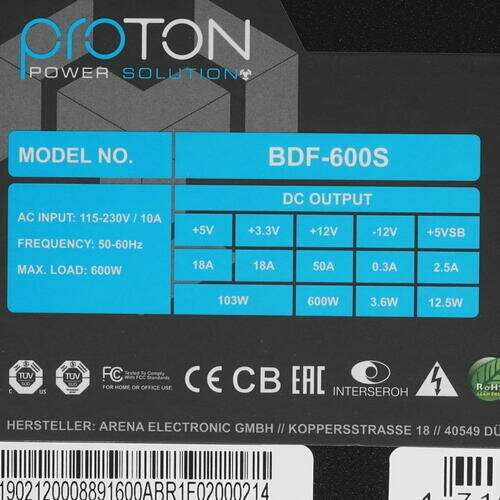   Chieftec Proton BDF-600S-Bulk (ATX 2.3, 600W, 80 PLUS BRONZE, Active PFC, 120mm fan) OE