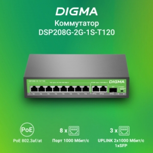  Digma DSP208G-2G-1S-T120 (L2) 10x1/ 1SFP 8PoE 8PoE+ 120W 