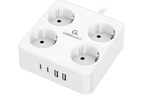 Сетевой фильтр Cablexpert Plate, PLT-4-C2U2-W-3, 4р, 10А, 2xType-C PD, 20Вт, 2xUSB, 2.4A, 3м, ур.защ